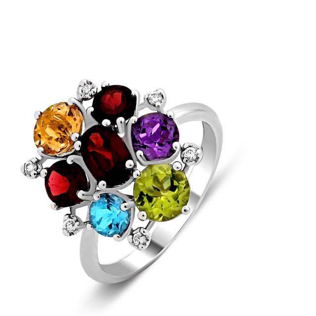Кольцо из белого золота с бриллиантами и цветными полудрагоценными камнями (019969)