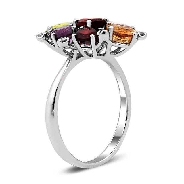 Кольцо из белого золота с бриллиантами и цветными полудрагоценными камнями (019969)