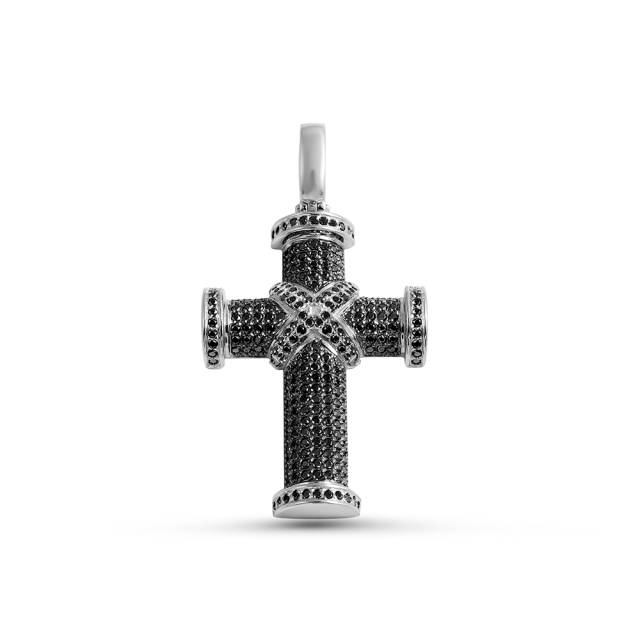 Кулон крест из белого золота с чёрными бриллиантами (058413)