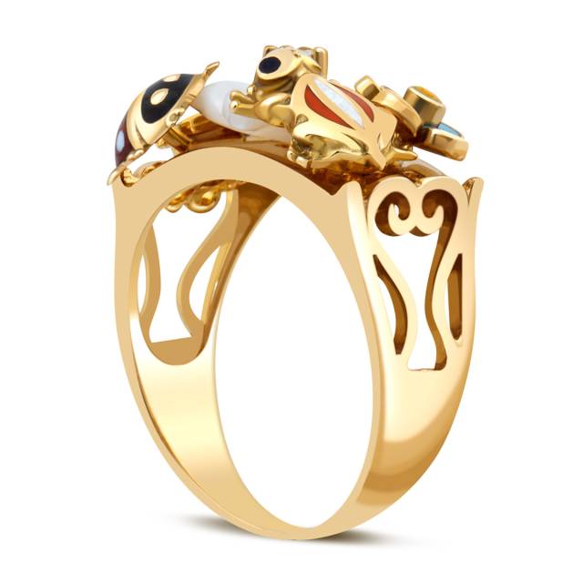 Кольцо из жёлтого золота с цирконом, эмалью и перламутром (023937)