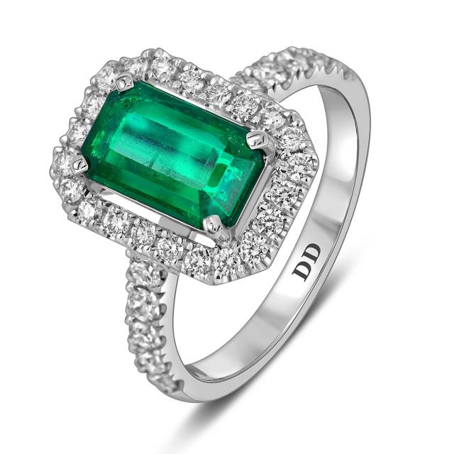 Кольцо из белого золота с бриллиантами и изумрудом (063502)
