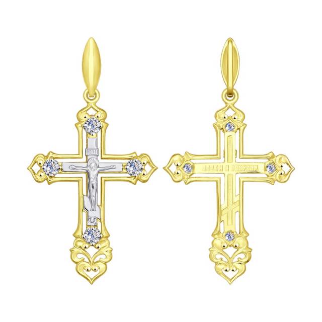 Кулон крест из комбинированного золота с фианитами (041438)