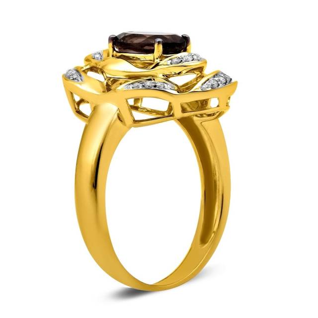 Кольцо из жёлтого золота с бриллиантами и дымчатым кварцем (025929)
