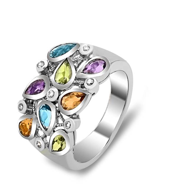 Кольцо из белого золота с бриллиантами и цветными полудрагоценными камнями (021069)