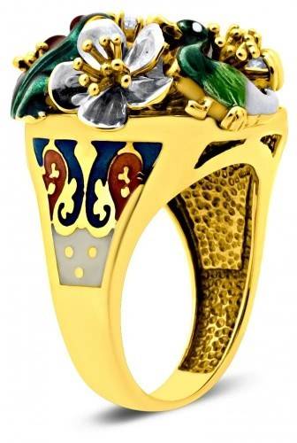 Кольцо из жёлтого золота с бриллиантами, фианитом и эмалью 17.5