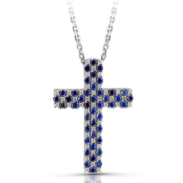 Колье крест из белого золота с бриллиантами и сапфирами (051502)