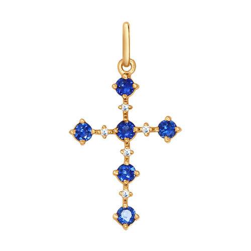 Кулон крест из красного золота с бриллиантами и сапфирами (035455)