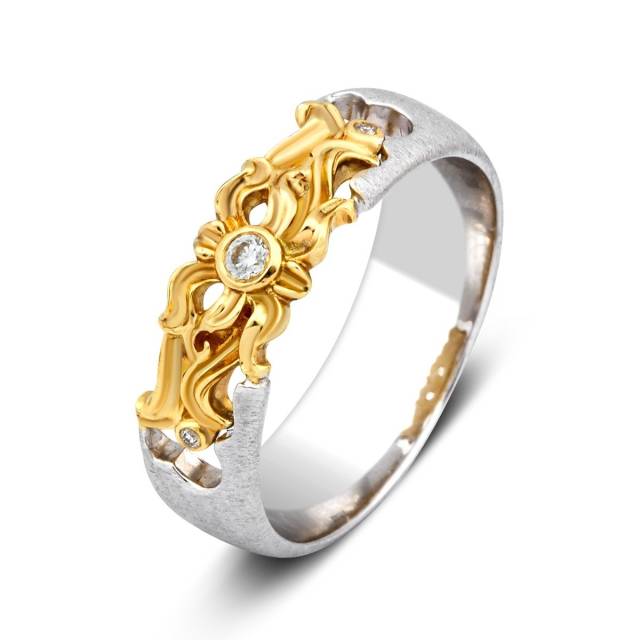 Эксклюзивное обручальное кольцо из комбинированного золота с бриллиантом (023977)