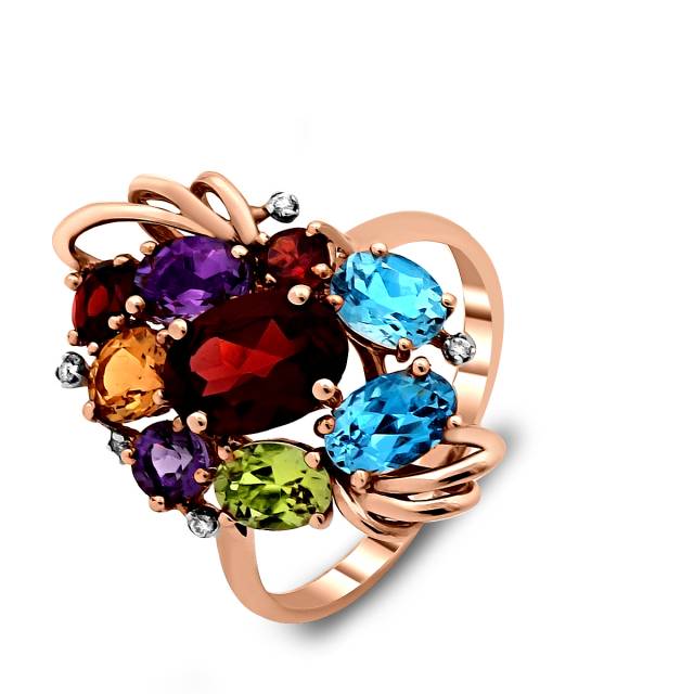 Кольцо из красного золота с бриллиантами и цветными полудрагоценными камнями (012143)