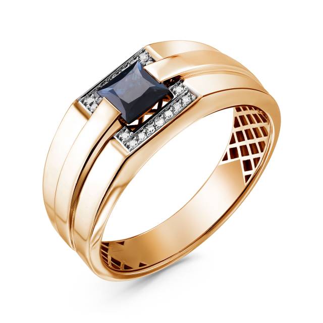 Мужское кольцо из красного золота с бриллиантами и сапфиром (055825)