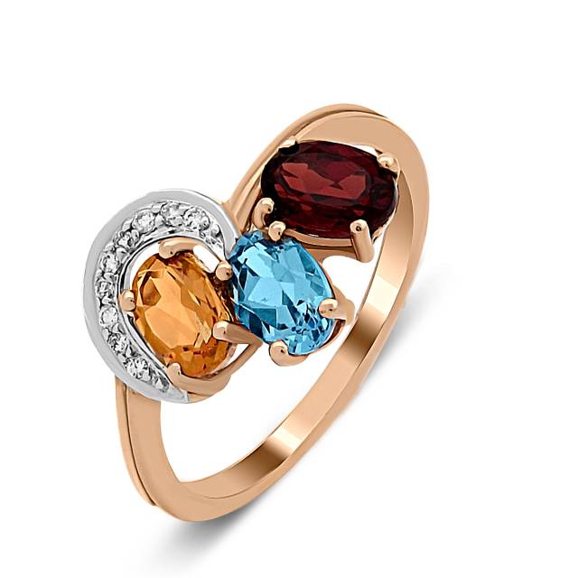 Кольцо из красного золота с бриллиантами, гранатом, топазом и цитрином (018516)