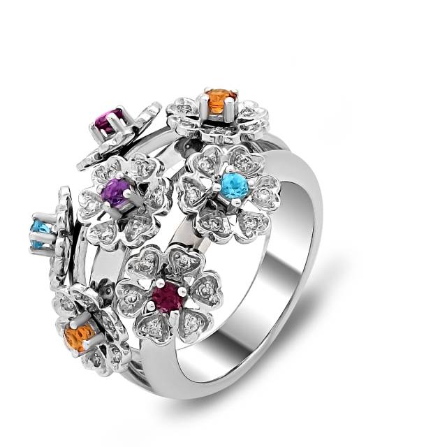 Кольцо из белого золота с бриллиантами и цветными полудрагоценными камнями (020274)