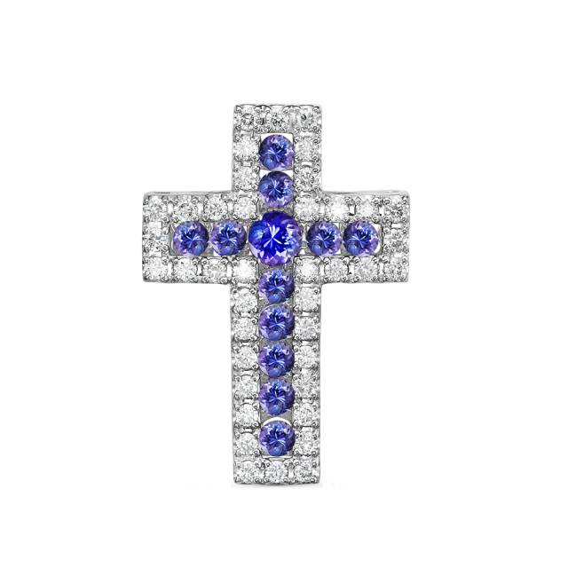 Кулон крест из белого золота с бриллиантами и танзанитами (049965)