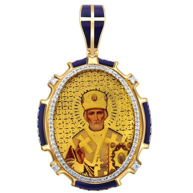 Кулон образ Николай Чудотворец из комбинированного золота с бриллиантами и эмалью (012201)