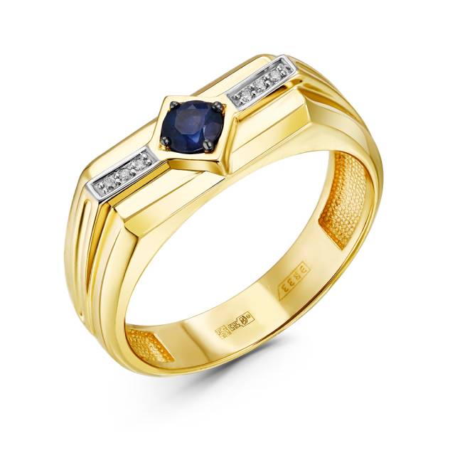 Мужское кольцо из жёлтого золота с бриллиантами и сапфиром (057610)