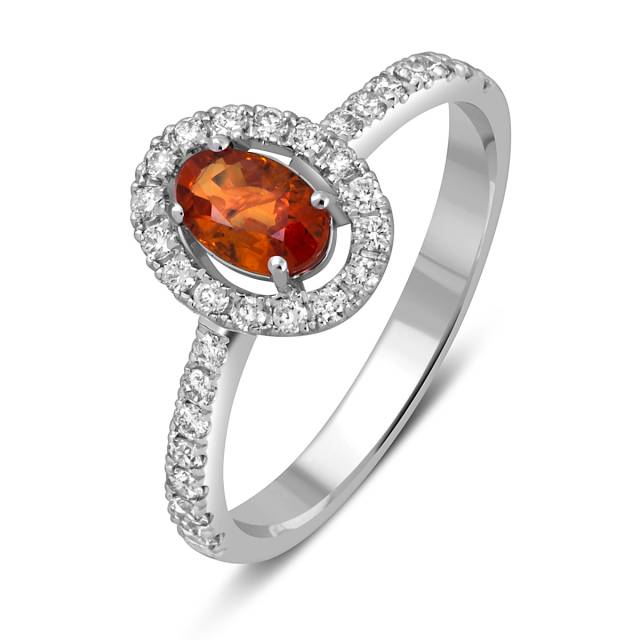 Кольцо из белого золота с бриллиантами и оранжевым сапфиром (052579)