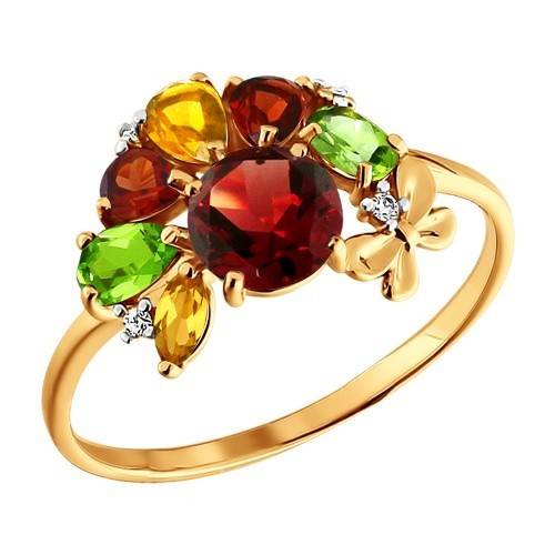 Кольцо из красного золота с полудрагоценными камнями и фианитами (027808)