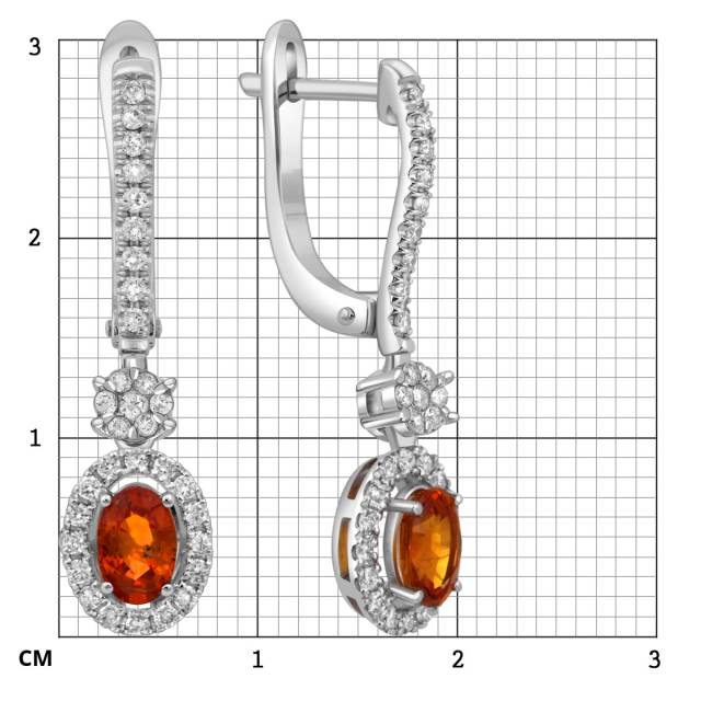 Серьги из белого золота с бриллиантами и оранжевыми сапфирами (052580)