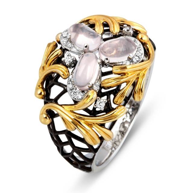 Кольцо с бриллиантами и розовым кварцем (011065)