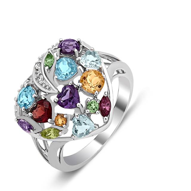 Кольцо из белого золота с бриллиантами и цветными полудрагоценными камнями (019832)