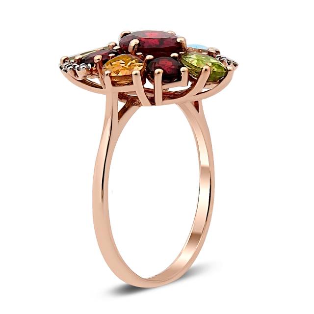 Кольцо из красного золота с бриллиантами и полудрагоценными камнями (021078)