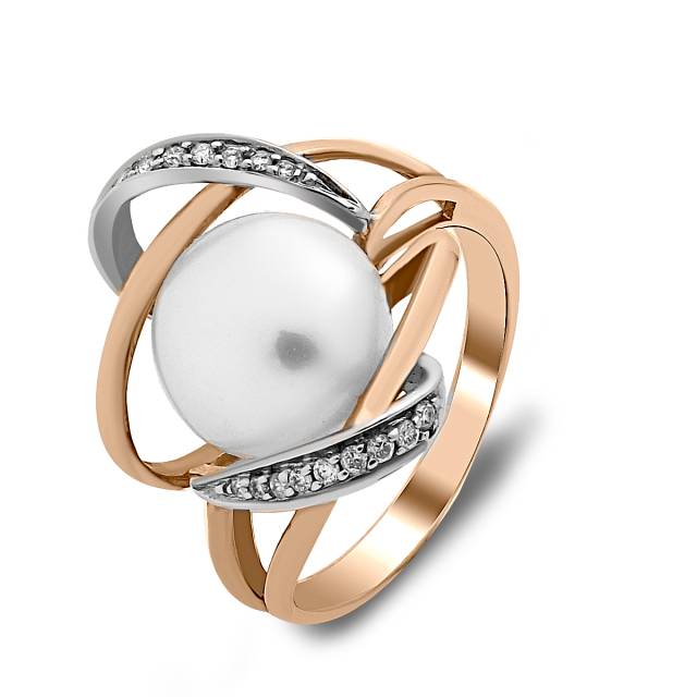 Кольцо из комбинированного золота с бриллиантами и жемчугом (016793)