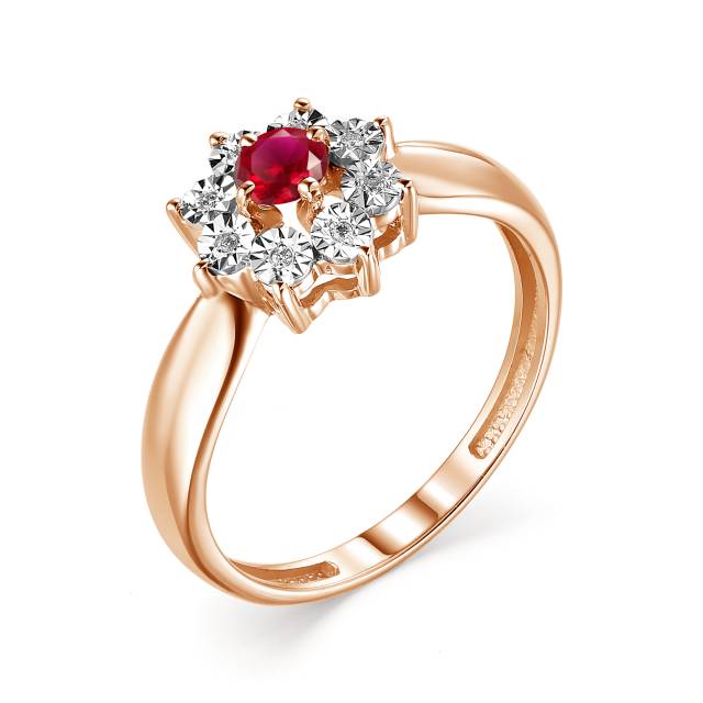 Кольцо из красного золота с бриллиантами и рубином (042018)