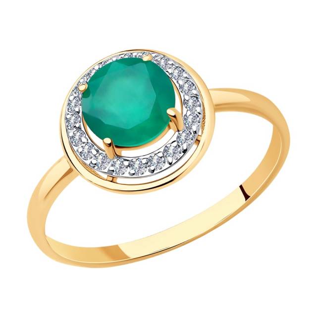 Кольцо из красного золота с зелёным агатом и фианитами (047425)