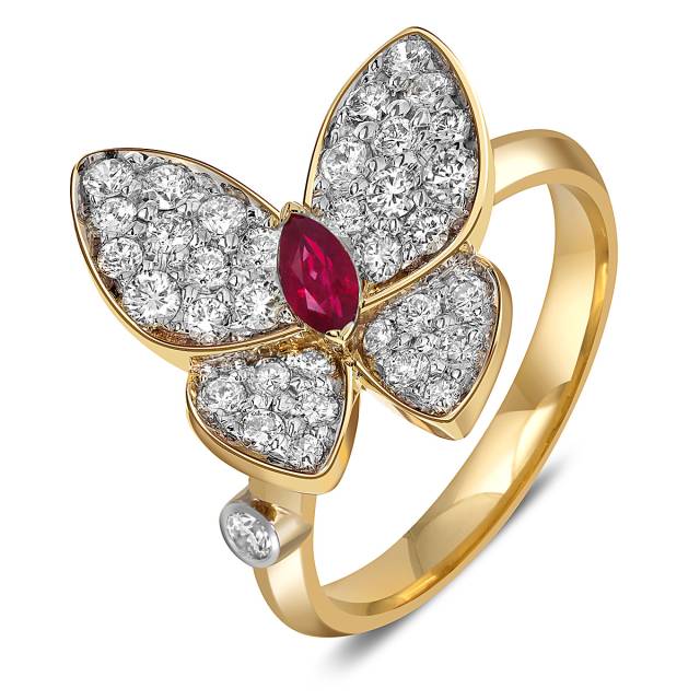 Кольцо из жёлтого золота с бриллиантами и рубином "Бабочки" (055151)