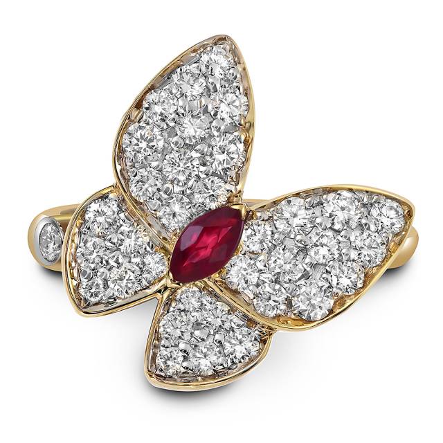 Кольцо из жёлтого золота с бриллиантами и рубином "Бабочки" (055151)