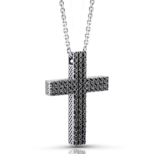 Колье крест из белого золота с чёрными бриллиантами (051422)