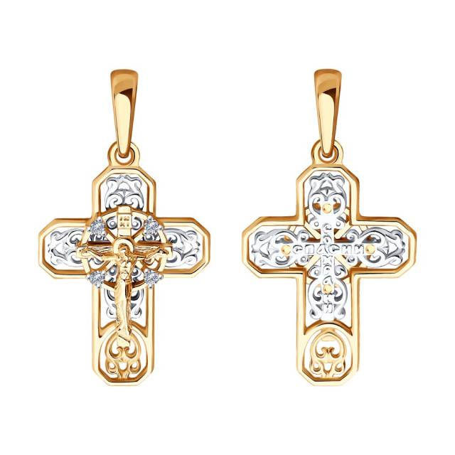 Кулон крест из комбинированного золота с бриллиантами (048571)