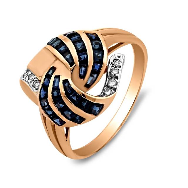Кольцо из красного золота с бриллиантами и сапфирами (018020)