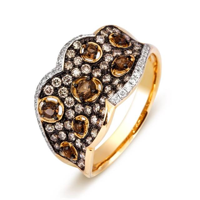 Кольцо из желтого золота с бриллиантами и раух-топазами (013662)
