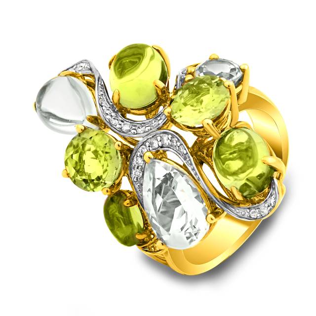 Кольцо из желтого золота с бриллиантами, хризолитами и кварцами (018112)