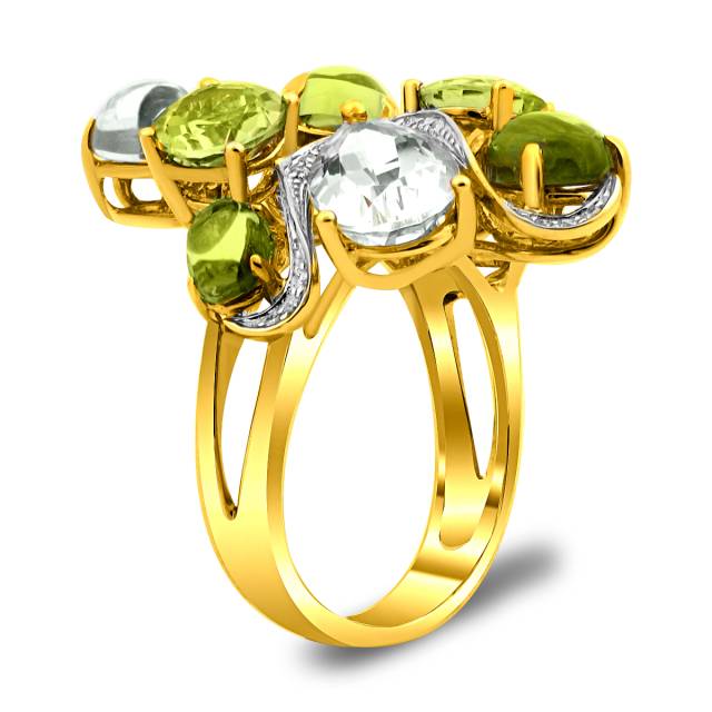 Кольцо из желтого золота с бриллиантами, хризолитами и кварцами (018112)