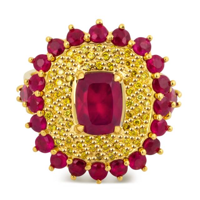 Кольцо из жёлтого золота с бриллиантами и рубинами (040640)