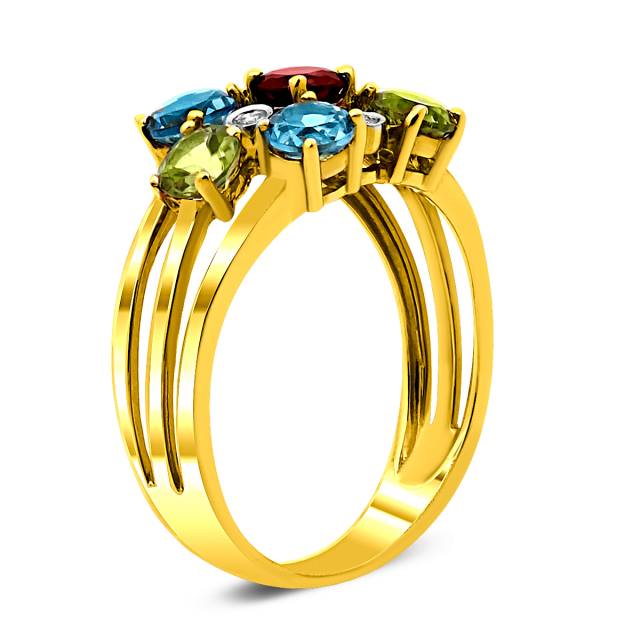 Кольцо из жёлтого золота с бриллиантами, топазами, хризолитами и гранатом (019859)