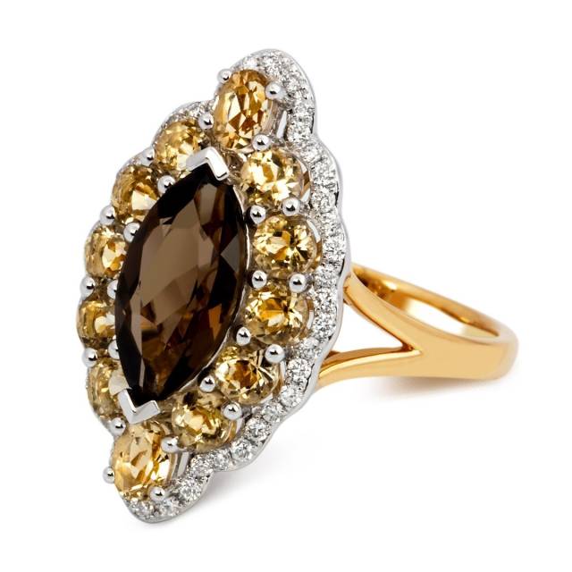 Кольцо из жёлтого золота с бриллиантами, раух-топазом, и дымчатыми кварцами (011077)