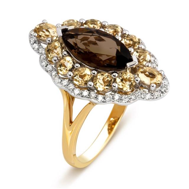 Кольцо из жёлтого золота с бриллиантами, раух-топазом, и дымчатыми кварцами (011077)