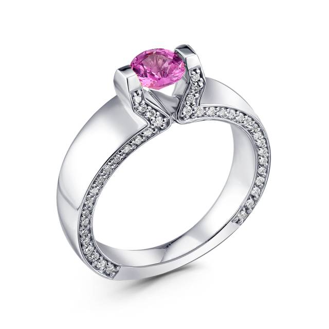 Кольцо из белого золота с бриллиантами и розовым сапфиром (050024)