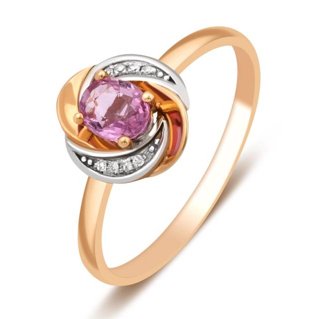 Кольцо из комбинированного золота с бриллиантами и розовым сапфиром (010717)