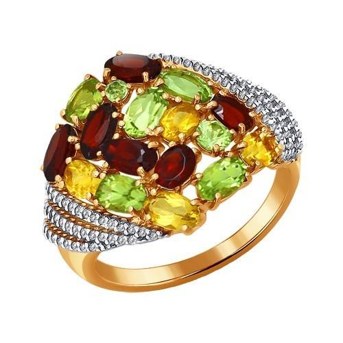 Кольцо из красного золота с полудрагоценными камнями и фианитами (027836)