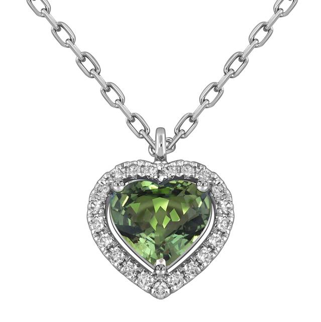 Колье из белого золота с бриллиантами и зелёным турмалином Сердце (053787)