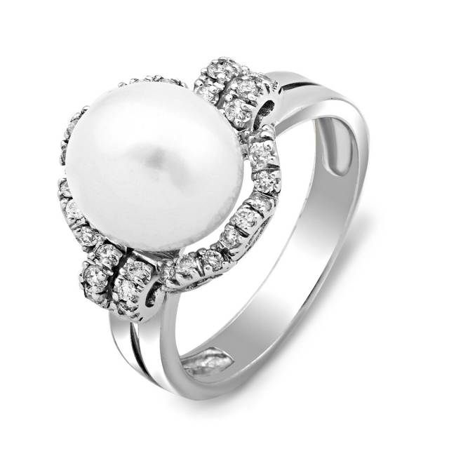 Кольцо из белого золота с бриллиантами и жемчугом (024253)