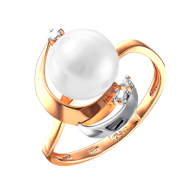 Кольцо из красного золота с жемчугом и фианитами (041790)