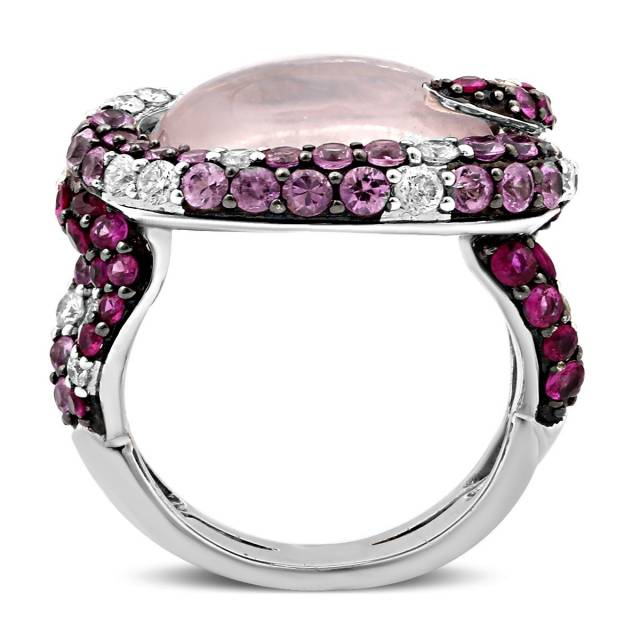 Кольцо из белого золота с бриллиантами, розовыми сапфирами, рубинами и кварцем (017641)