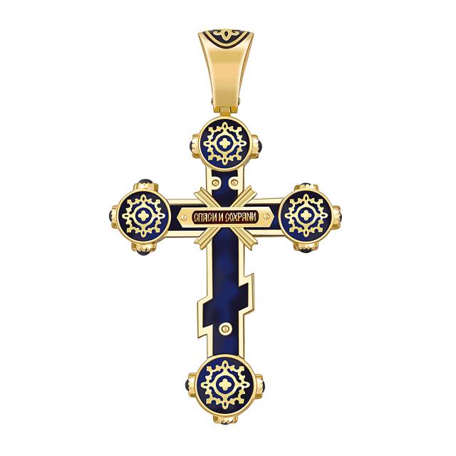Кулон крест из жёлтого золота с бриллиантами и сапфирами (049367)